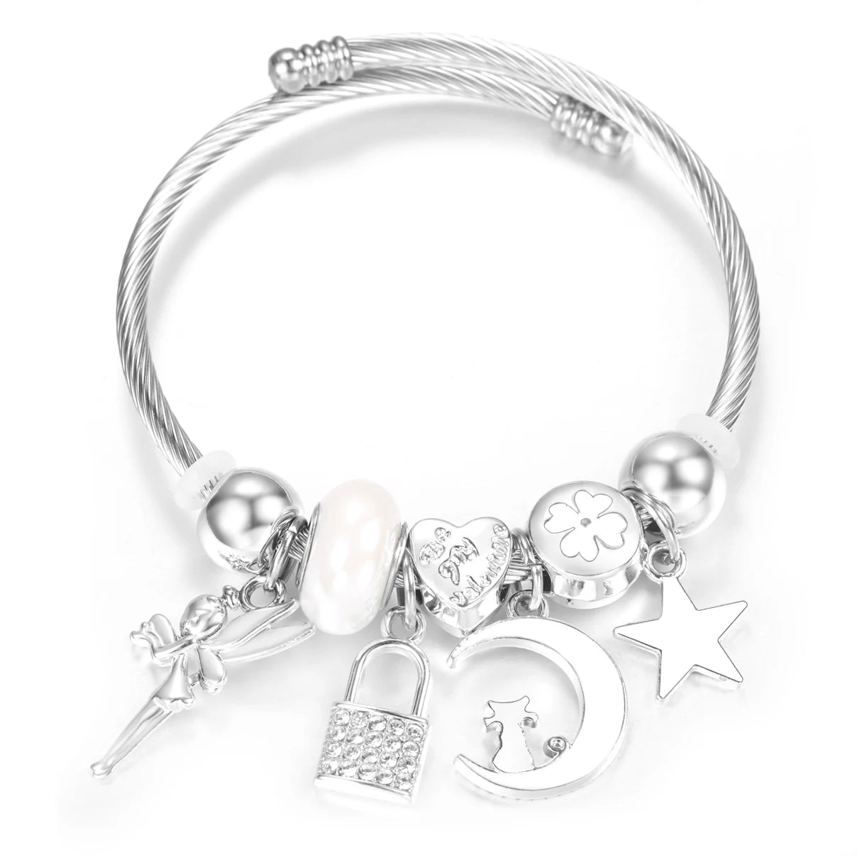 New Rhinestone Heart Shaped Pendant Stainless Steel Beaded Bracelet 4 Colors High Quality Closure Bangles Women Bracelet Jewelry