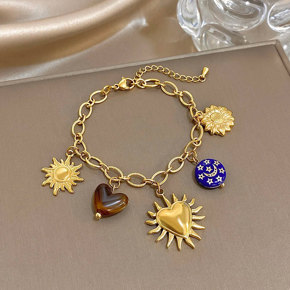 Gold Sun & Heart Charm Jewelry Set | Necklace & Bracelet Statement Set