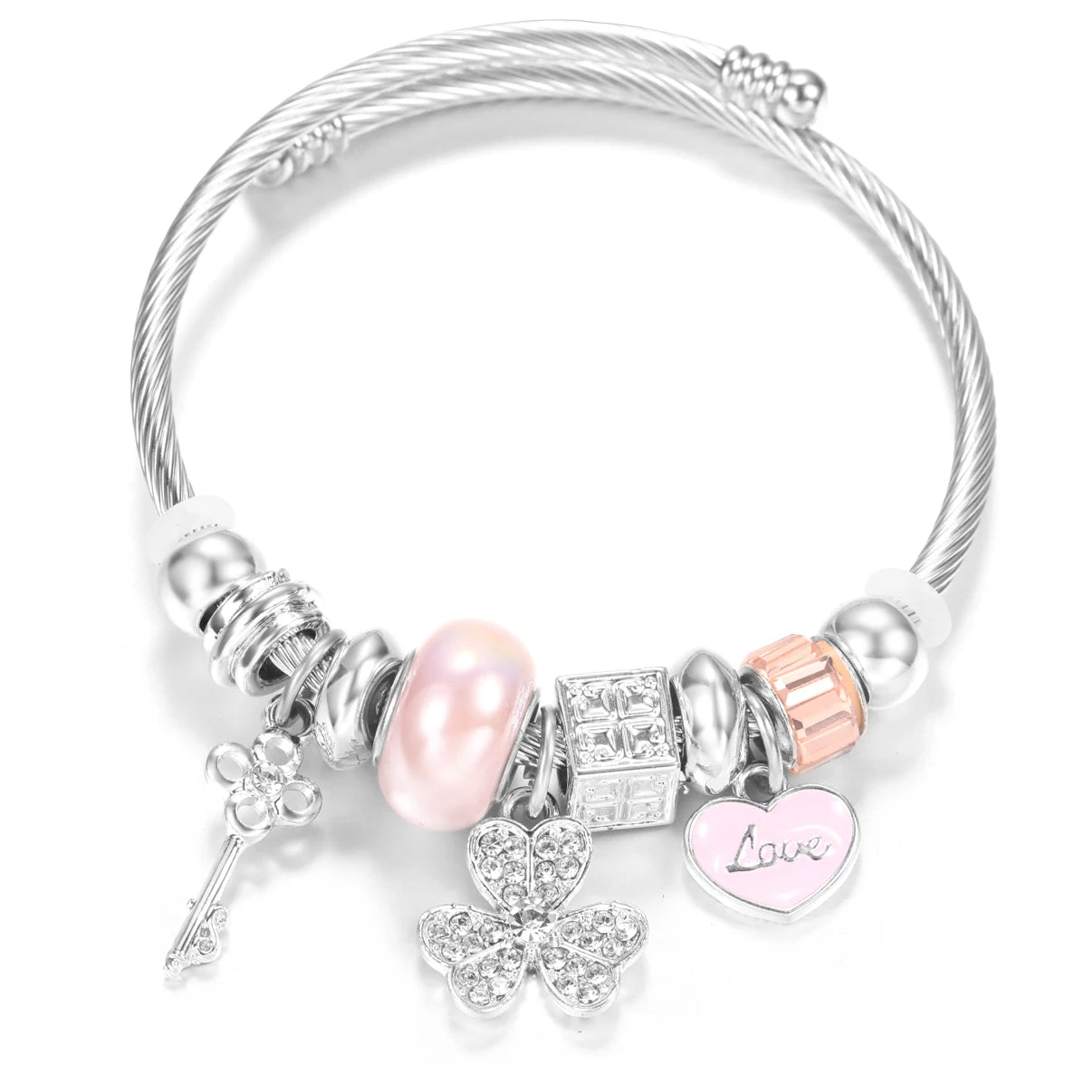 New Rhinestone Heart Shaped Pendant Stainless Steel Beaded Bracelet 4 Colors High Quality Closure Bangles Women Bracelet Jewelry