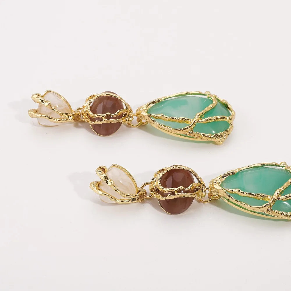 Fashion Natural Resin Waterdrop Metal Mesh Earrings For Women Retro Crystal Geometric Dangle Earrings Party Jewelry Boho Gifts