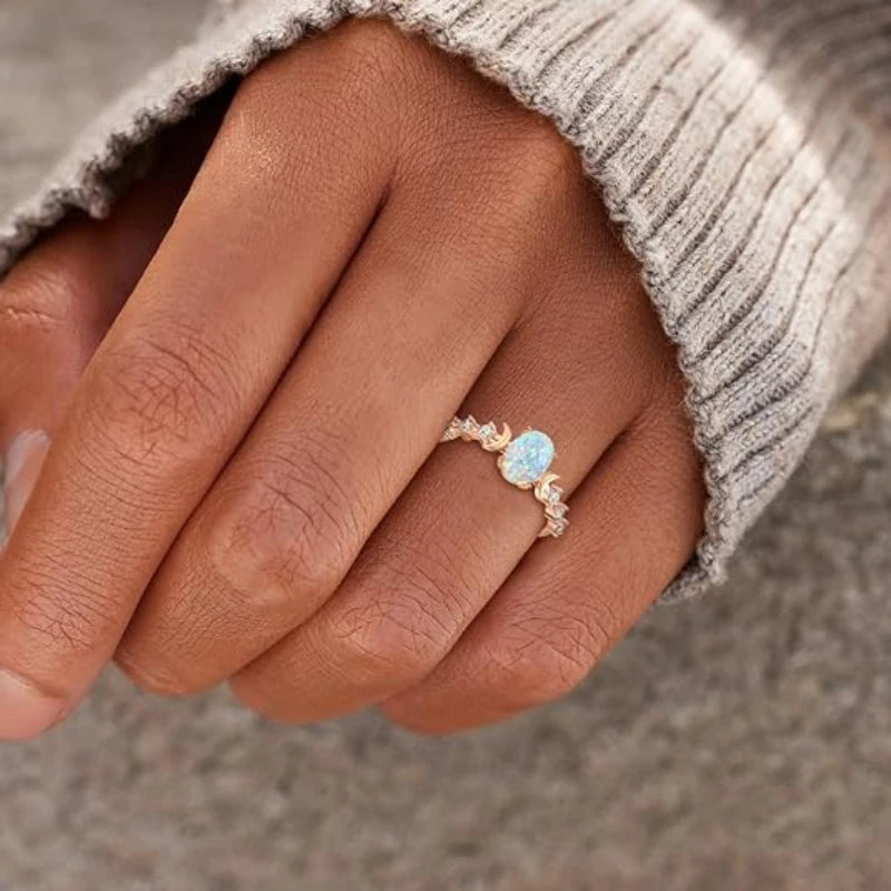 YILUOCD Witchcraft Triple Moon Goddess Fire Opal Ring Rainbow Oval Stone Arrow Rings for Women Engagement Wedding Bands Jewelry