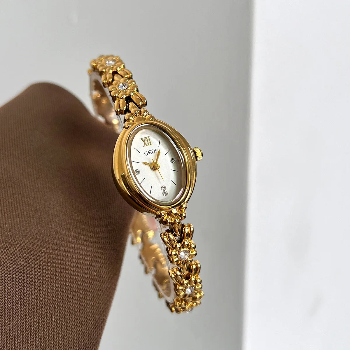 Gold Diamond Bracelet Watch | Oval Elegant Quartz Watch for Women