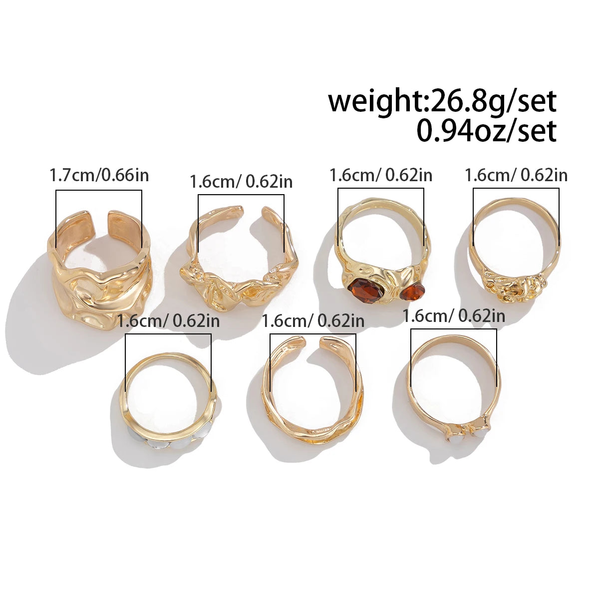 Ingemark 7Pcs/Set Vintage Irregular Folded Surface Open Rings for Women Goth Red Rhinestone Finger Rings Wed Bridal Jewelry Gift