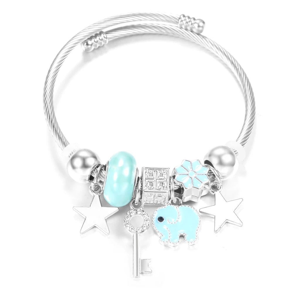 New Rhinestone Heart Shaped Pendant Stainless Steel Beaded Bracelet 4 Colors High Quality Closure Bangles Women Bracelet Jewelry