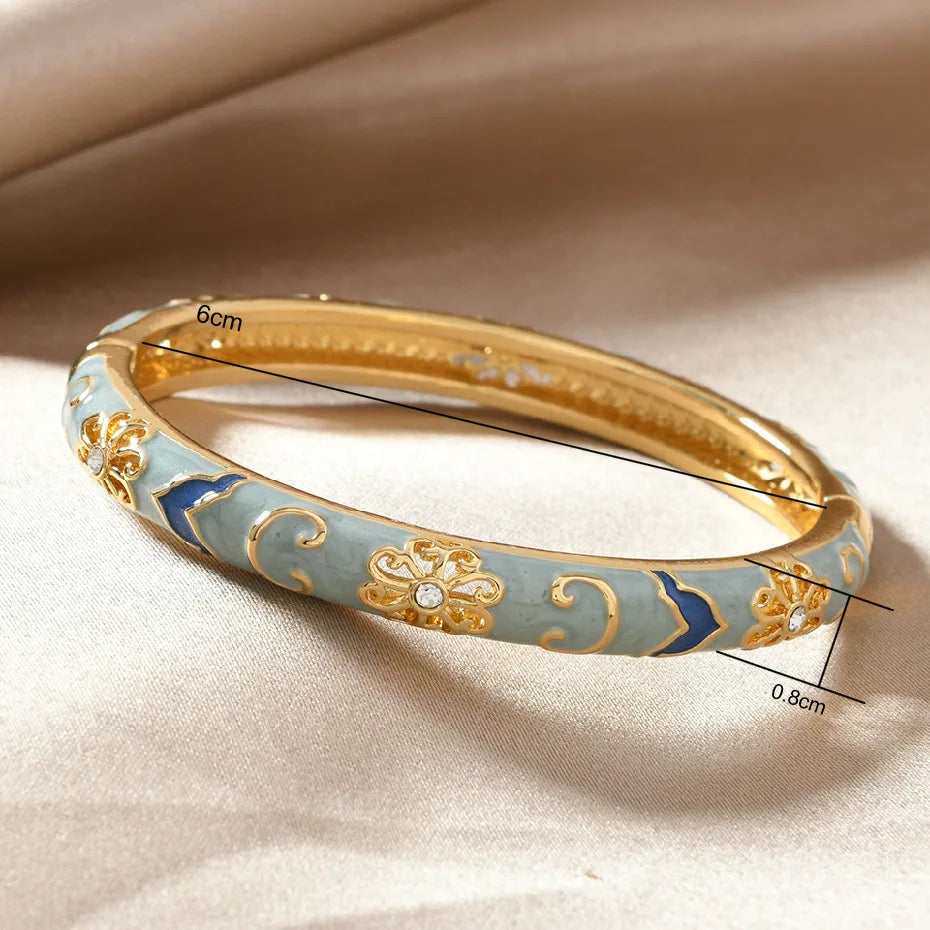 Ethnic Style Luxury Gold Color Stainless Steel Multicolor Enamel Flower Bangle for Women Charm Bride Cuff Bracelet Beho Jewelry