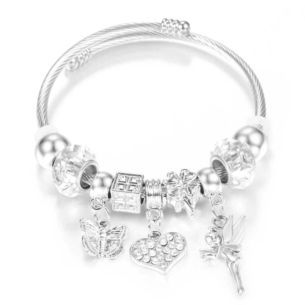 New Rhinestone Heart Shaped Pendant Stainless Steel Beaded Bracelet 4 Colors High Quality Closure Bangles Women Bracelet Jewelry