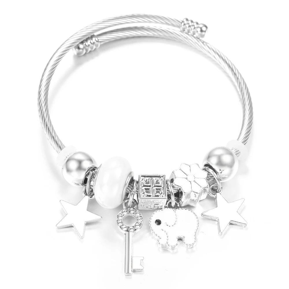 New Rhinestone Heart Shaped Pendant Stainless Steel Beaded Bracelet 4 Colors High Quality Closure Bangles Women Bracelet Jewelry