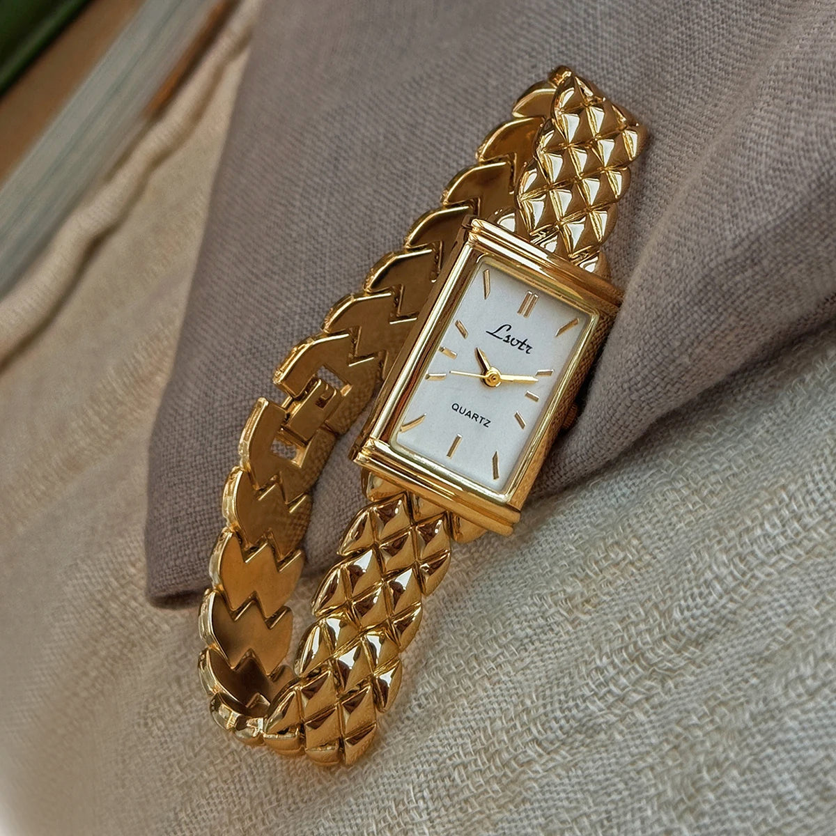 Gold Rectangle Watch with Stainless Steel Strap | Minimal Elegant Quartz Watch for Women