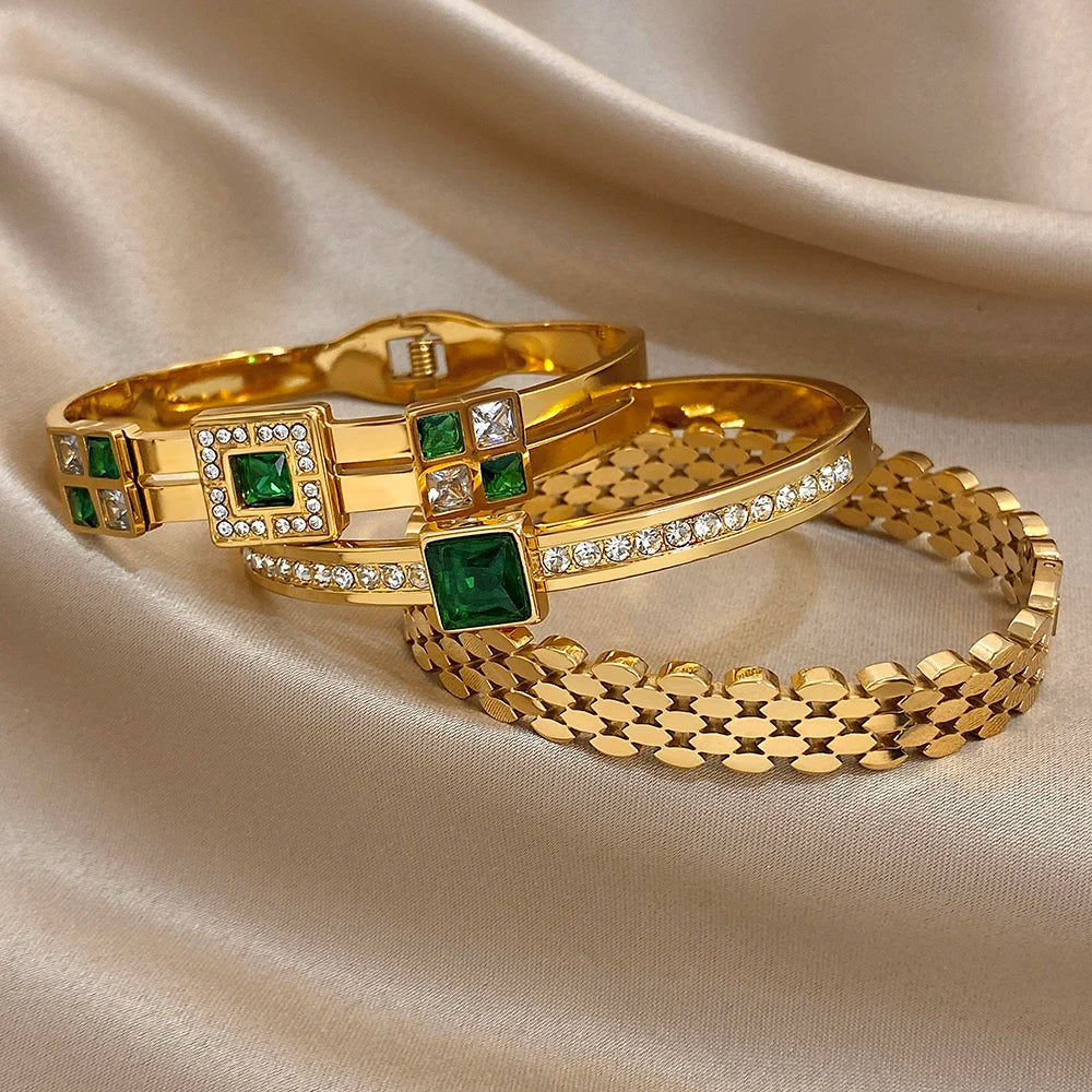 Greatera Light Luxury Style Green Square Zirconium Series Cuff Bracelet Unique Stainless Steel Artistic Exaggerate Women Bangle