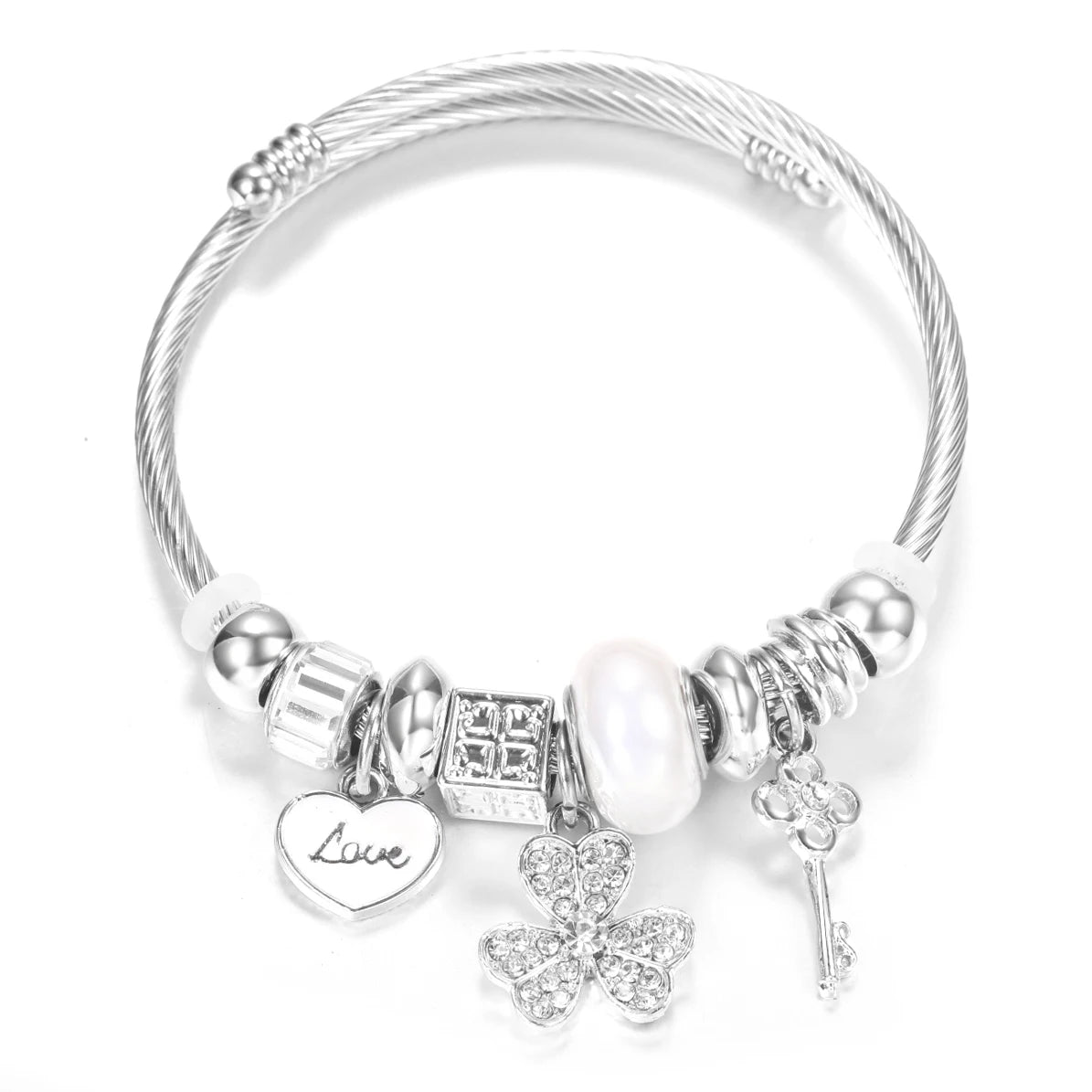 New Rhinestone Heart Shaped Pendant Stainless Steel Beaded Bracelet 4 Colors High Quality Closure Bangles Women Bracelet Jewelry