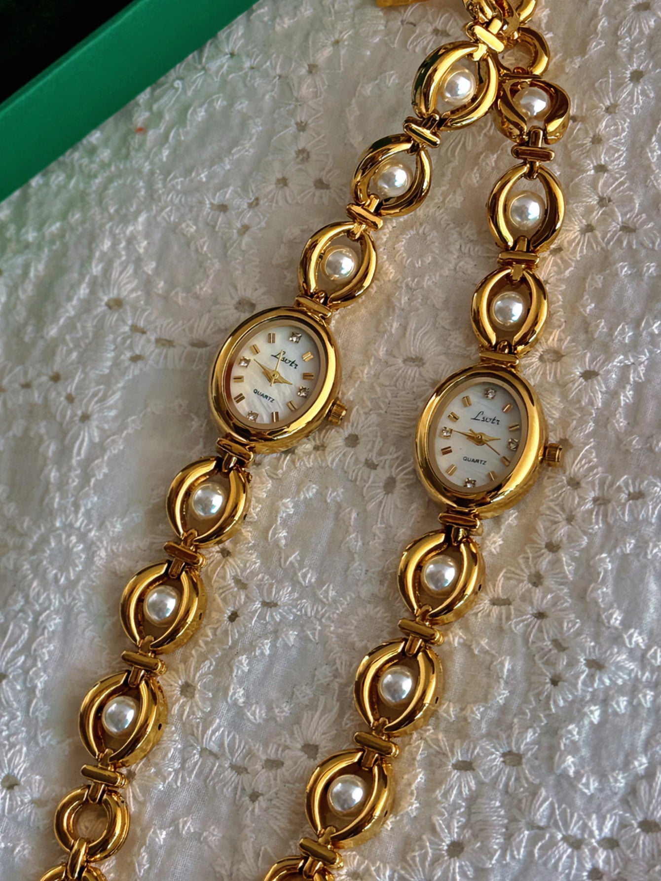 Gold Pearl Bracelet Watch | Elegant Oval Quartz Watch for Women