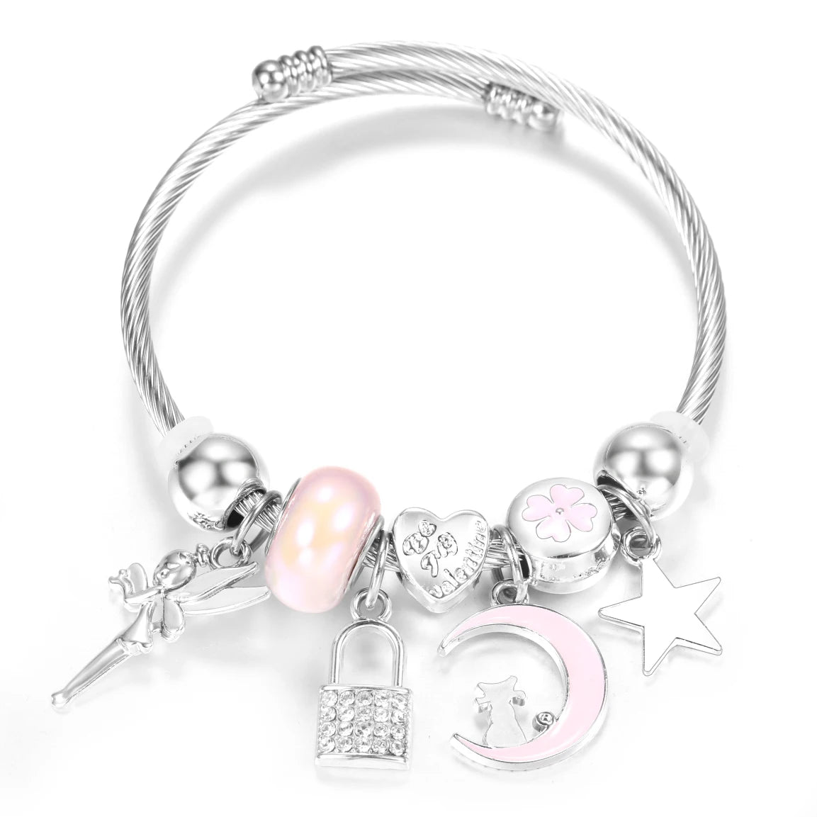 New Rhinestone Heart Shaped Pendant Stainless Steel Beaded Bracelet 4 Colors High Quality Closure Bangles Women Bracelet Jewelry