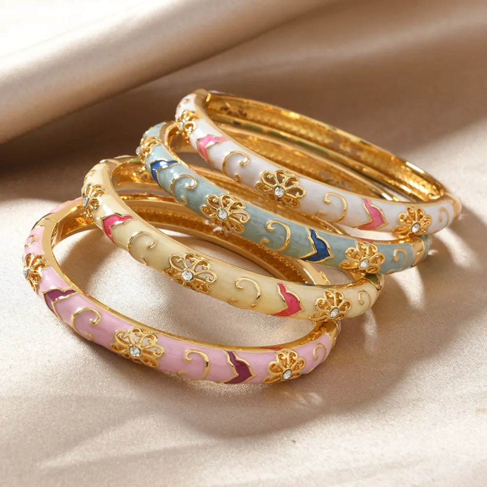 Ethnic Style Luxury Gold Color Stainless Steel Multicolor Enamel Flower Bangle for Women Charm Bride Cuff Bracelet Beho Jewelry