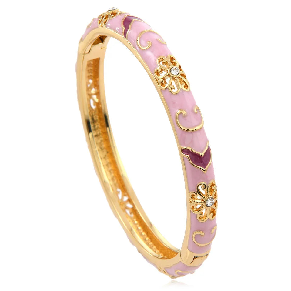 Ethnic Style Luxury Gold Color Stainless Steel Multicolor Enamel Flower Bangle for Women Charm Bride Cuff Bracelet Beho Jewelry