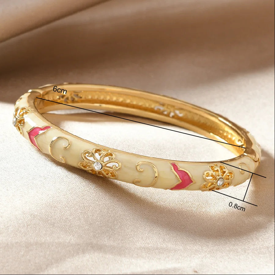 Ethnic Style Luxury Gold Color Stainless Steel Multicolor Enamel Flower Bangle for Women Charm Bride Cuff Bracelet Beho Jewelry