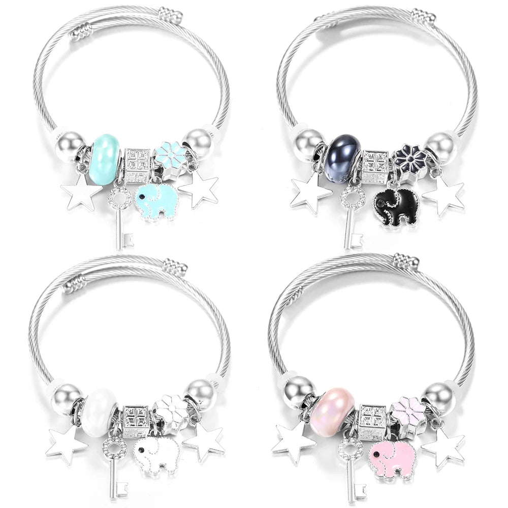 New Rhinestone Heart Shaped Pendant Stainless Steel Beaded Bracelet 4 Colors High Quality Closure Bangles Women Bracelet Jewelry