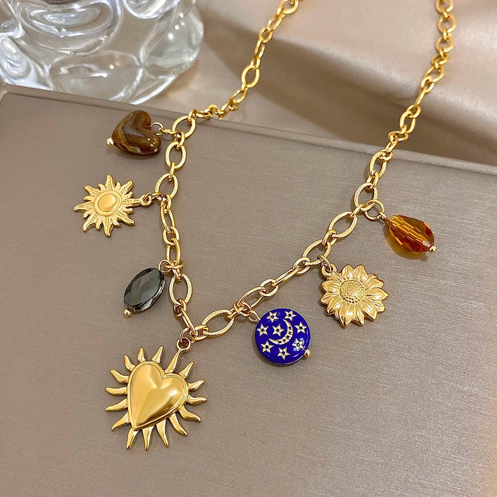 Gold Sun & Heart Charm Jewelry Set | Necklace & Bracelet Statement Set