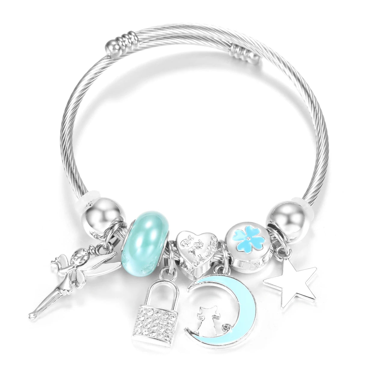 New Rhinestone Heart Shaped Pendant Stainless Steel Beaded Bracelet 4 Colors High Quality Closure Bangles Women Bracelet Jewelry