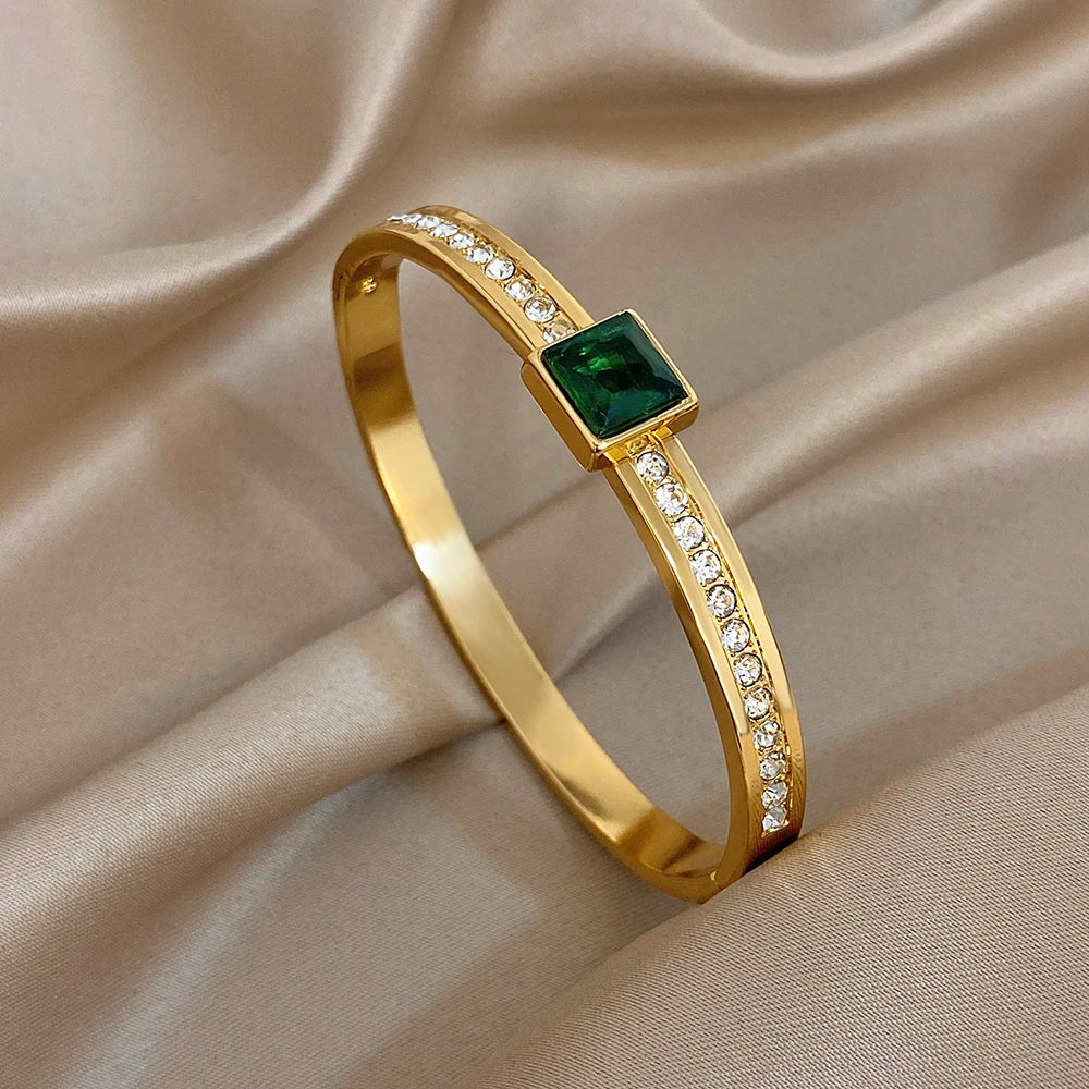 Greatera Light Luxury Style Green Square Zirconium Series Cuff Bracelet Unique Stainless Steel Artistic Exaggerate Women Bangle