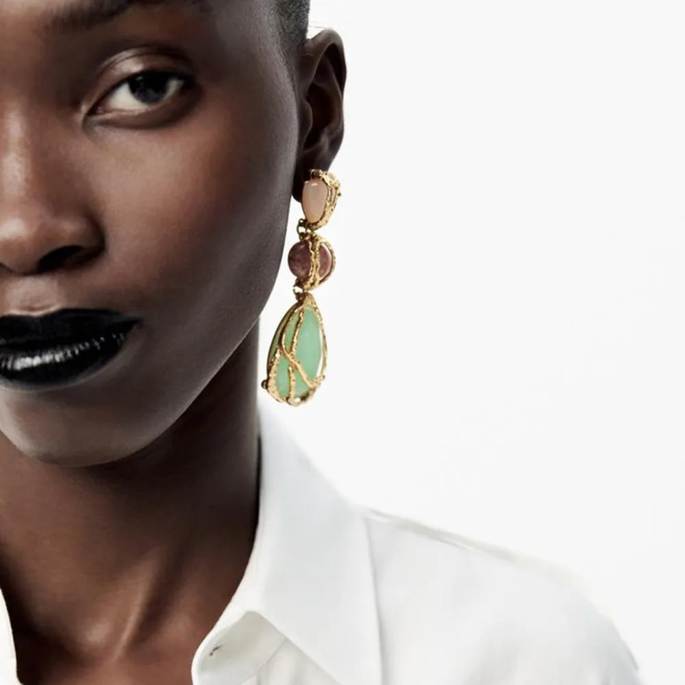 Fashion Natural Resin Waterdrop Metal Mesh Earrings For Women Retro Crystal Geometric Dangle Earrings Party Jewelry Boho Gifts