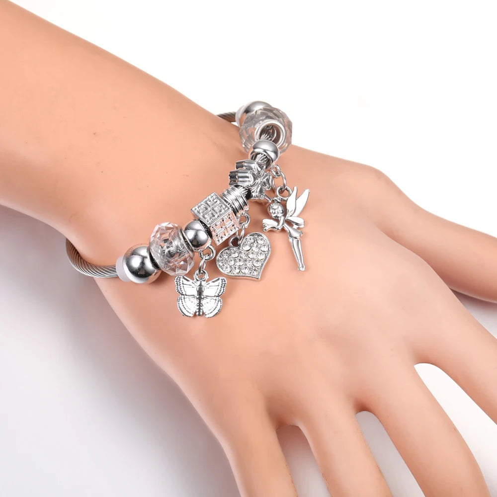 New Rhinestone Heart Shaped Pendant Stainless Steel Beaded Bracelet 4 Colors High Quality Closure Bangles Women Bracelet Jewelry