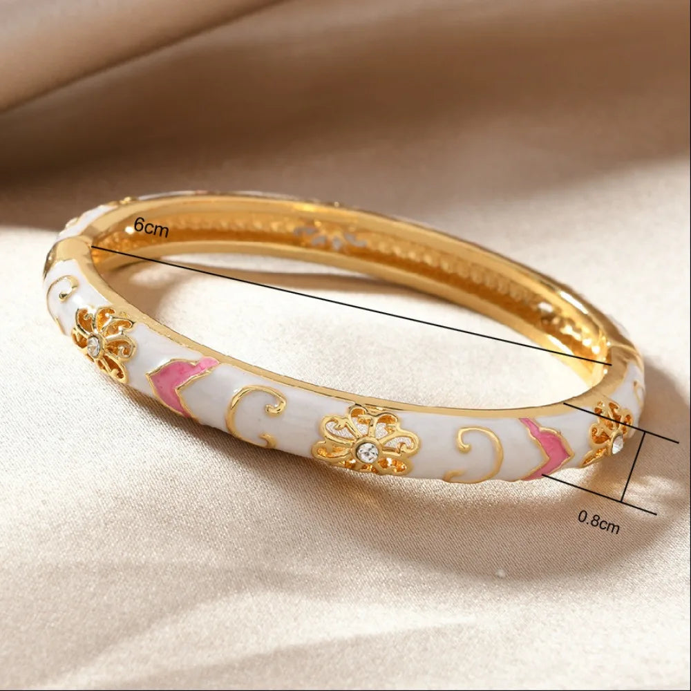 Ethnic Style Luxury Gold Color Stainless Steel Multicolor Enamel Flower Bangle for Women Charm Bride Cuff Bracelet Beho Jewelry