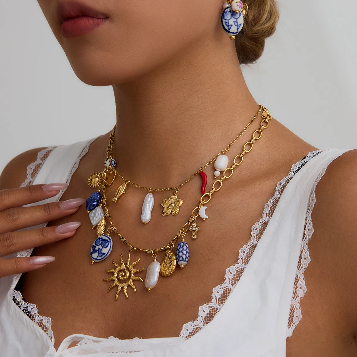 Gold Sun Charm Necklace with Pearl & Ceramic | Ocean-Inspired Statement Jewelry