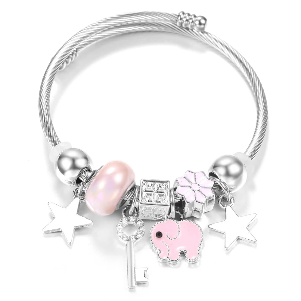 New Rhinestone Heart Shaped Pendant Stainless Steel Beaded Bracelet 4 Colors High Quality Closure Bangles Women Bracelet Jewelry