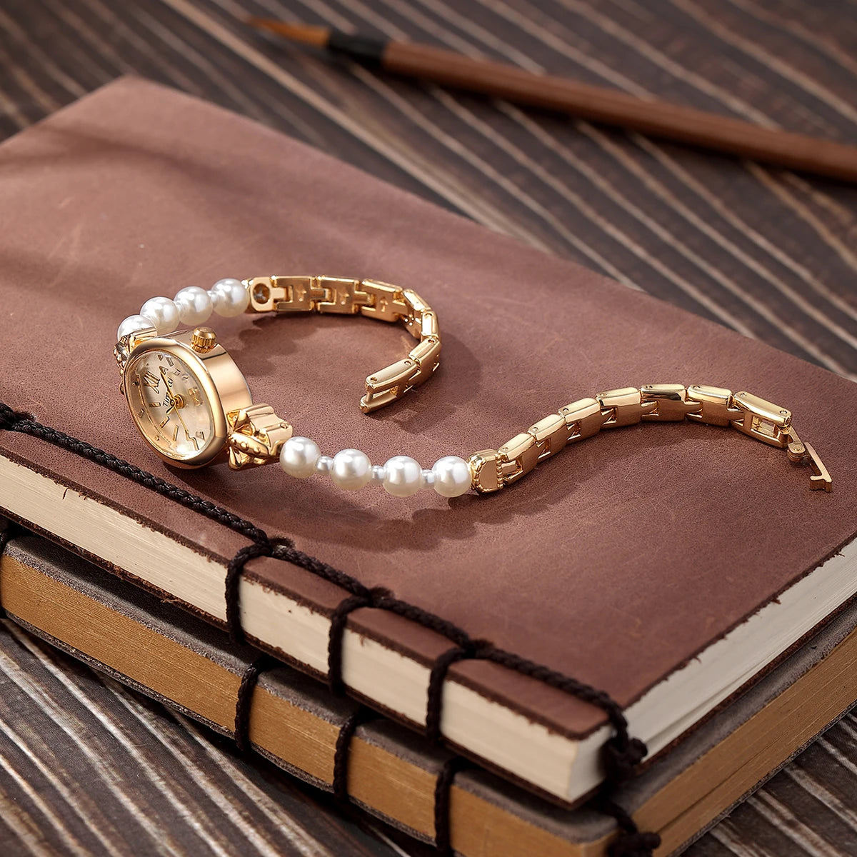 Gold Pearl Bracelet Watch with Roman Numerals | Elegant Quartz Watch for Women