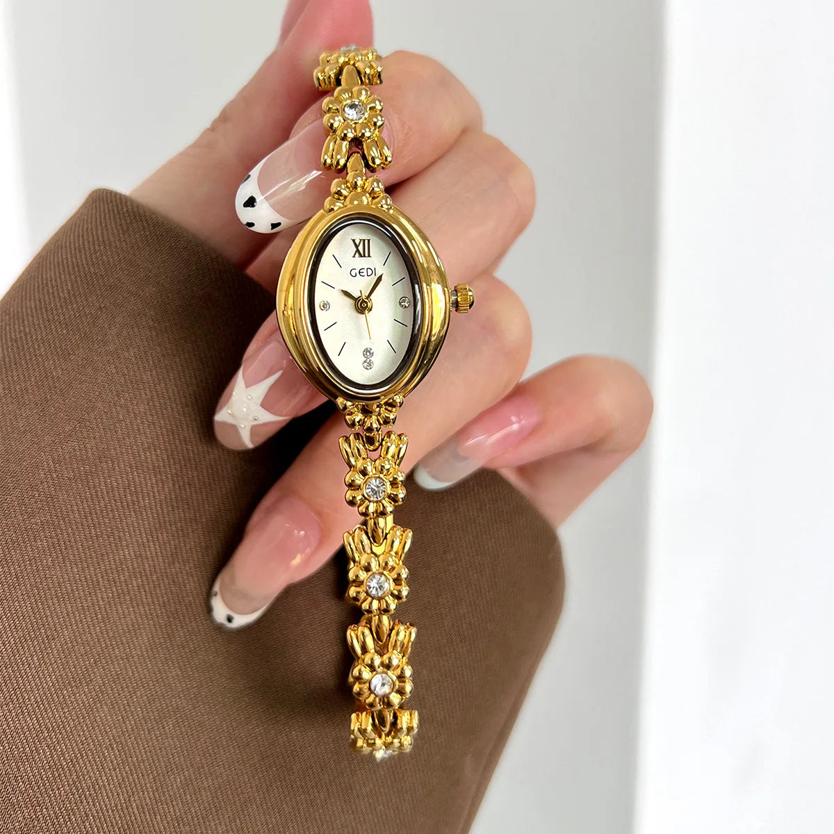 Gold Diamond Bracelet Watch | Oval Elegant Quartz Watch for Women