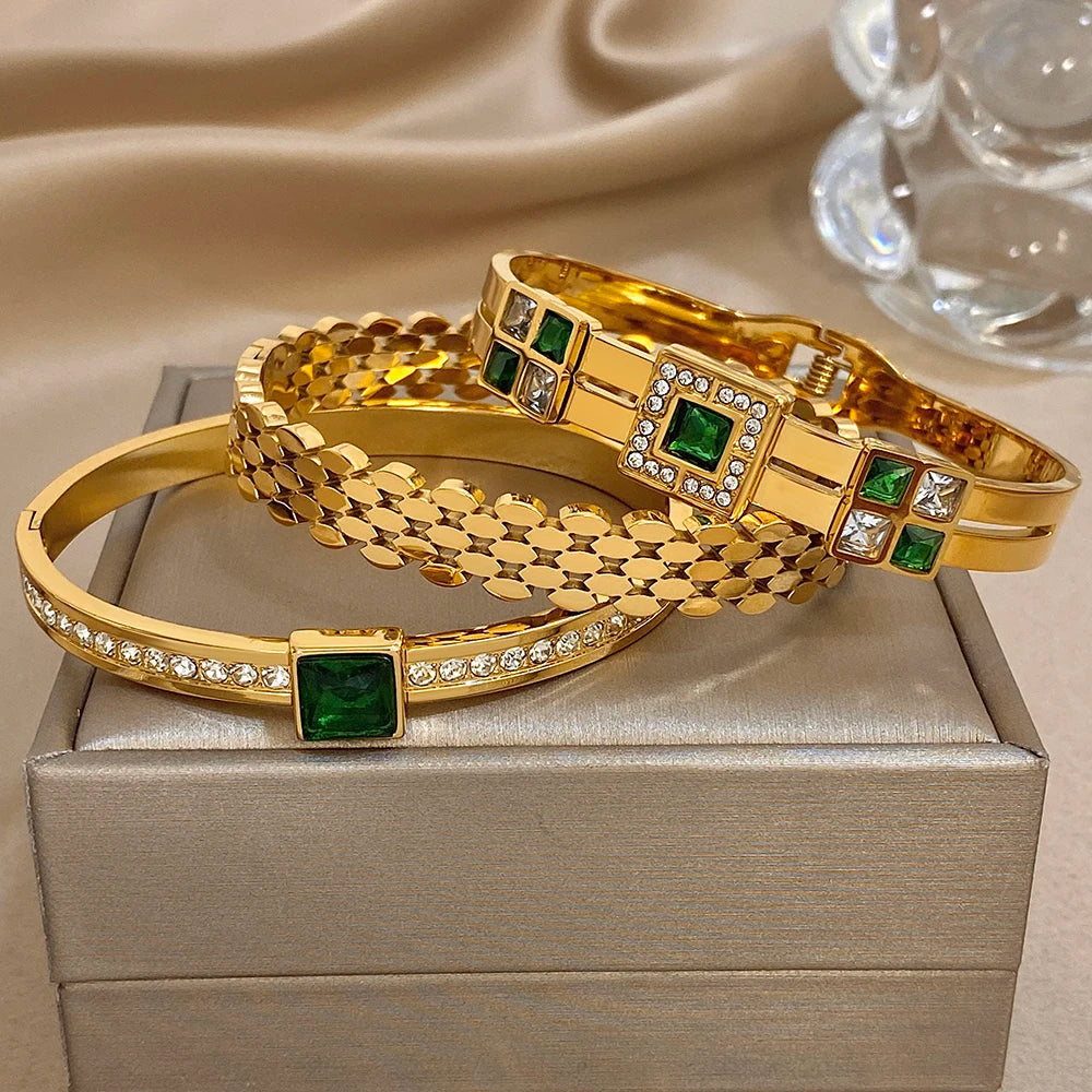 Greatera Light Luxury Style Green Square Zirconium Series Cuff Bracelet Unique Stainless Steel Artistic Exaggerate Women Bangle