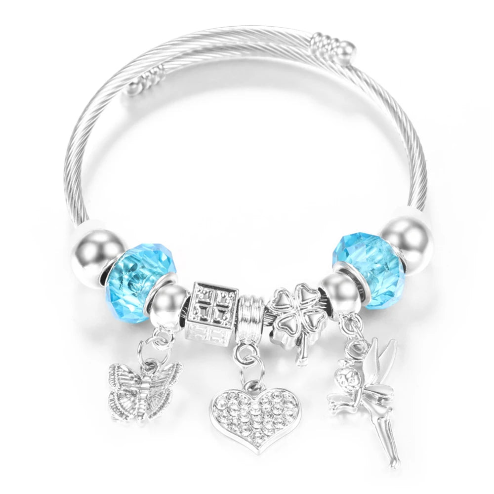 New Rhinestone Heart Shaped Pendant Stainless Steel Beaded Bracelet 4 Colors High Quality Closure Bangles Women Bracelet Jewelry