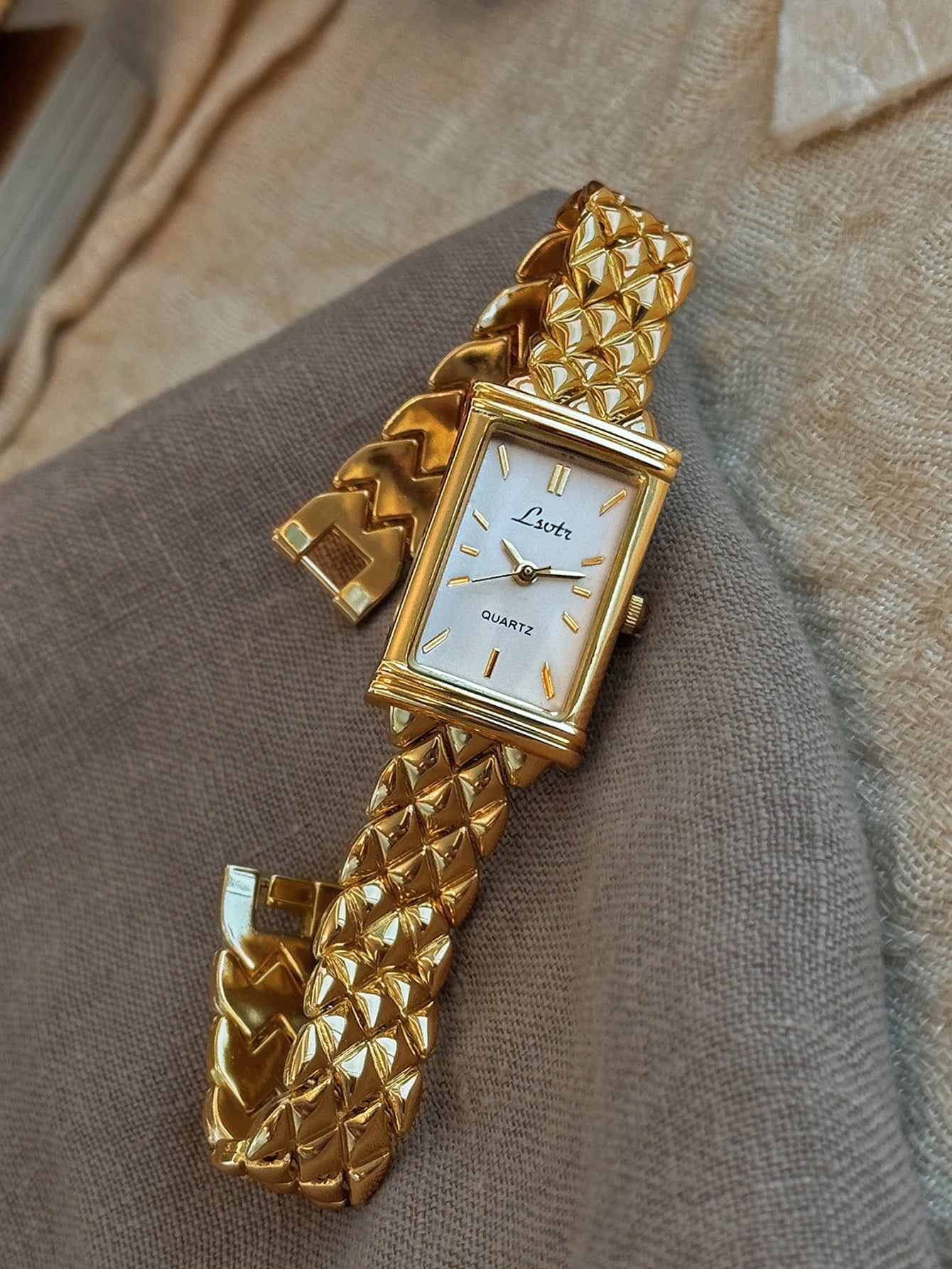 Gold Rectangle Watch with Stainless Steel Strap | Minimal Elegant Quartz Watch for Women