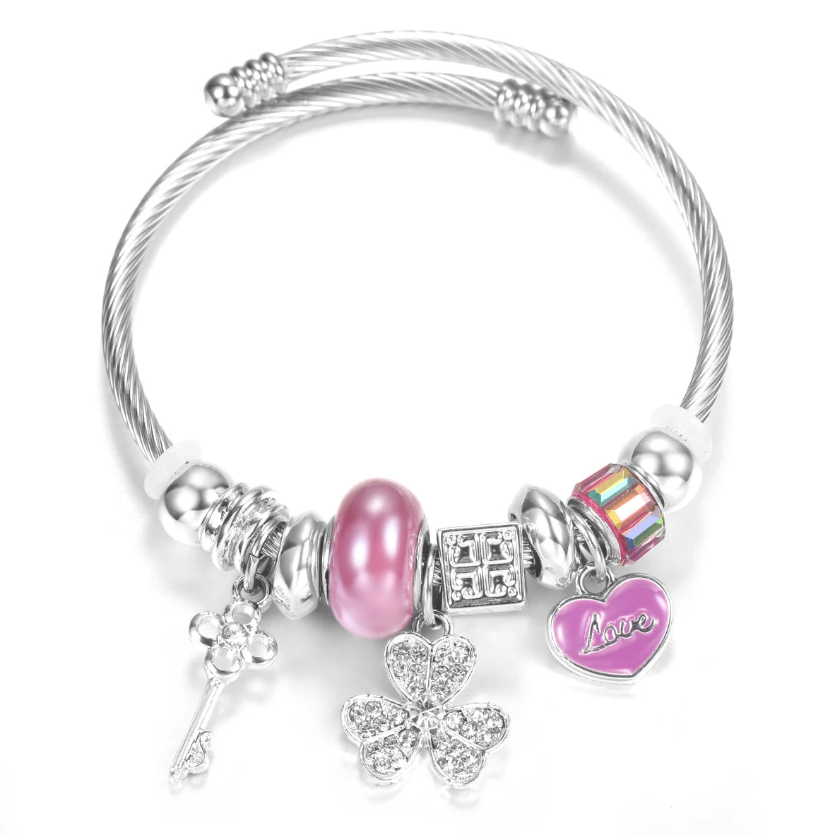 New Rhinestone Heart Shaped Pendant Stainless Steel Beaded Bracelet 4 Colors High Quality Closure Bangles Women Bracelet Jewelry