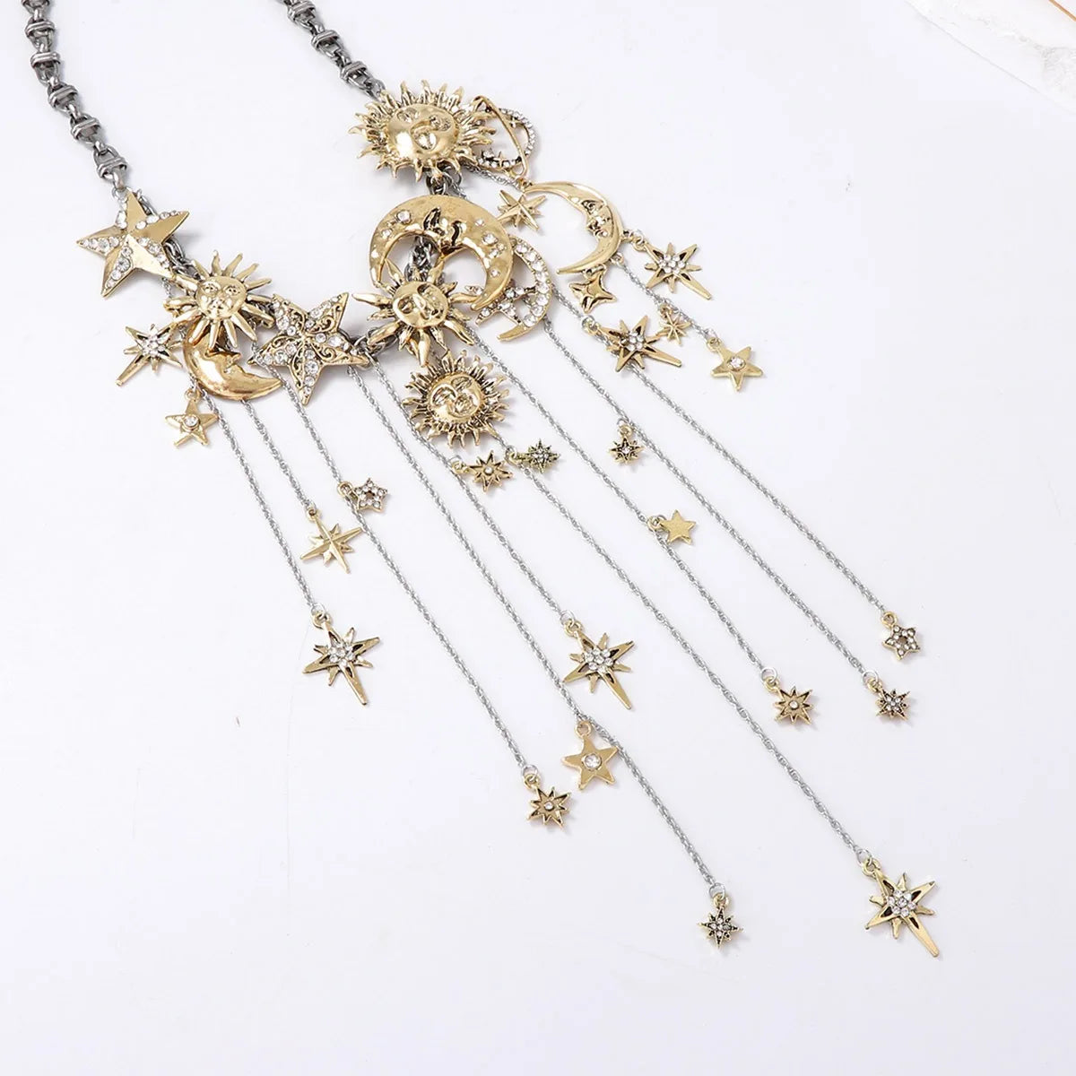 Celestial Star & Moon Layered Tassel Necklace | Statement Y2K Jewelry