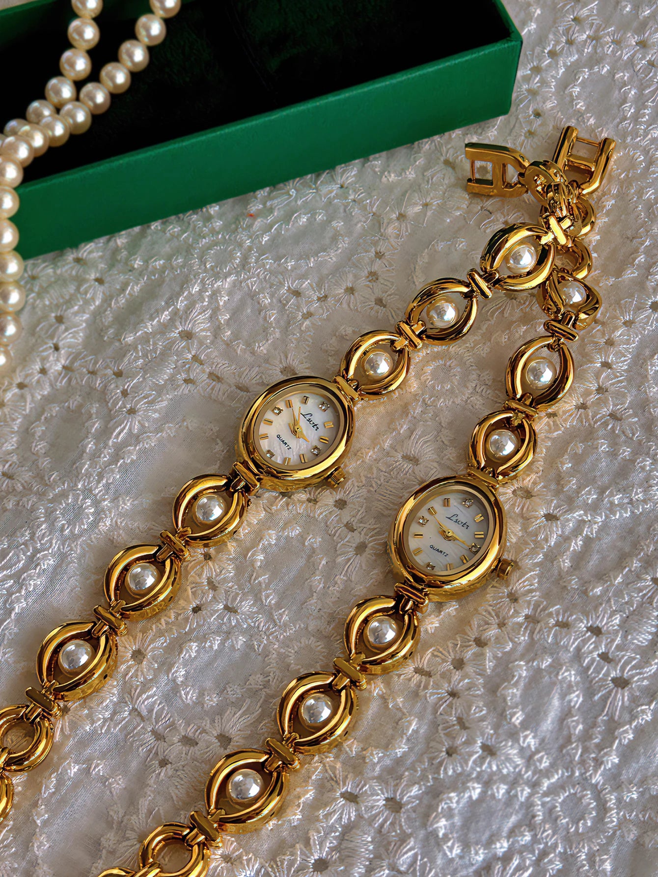 Gold Pearl Bracelet Watch | Elegant Oval Quartz Watch for Women