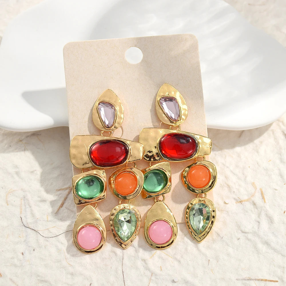Exaggerated Vintage Rhinestone Crystal Beads Drop Earring For Women Ethnic Jewelry Fashion Geometry  Metal Earrings