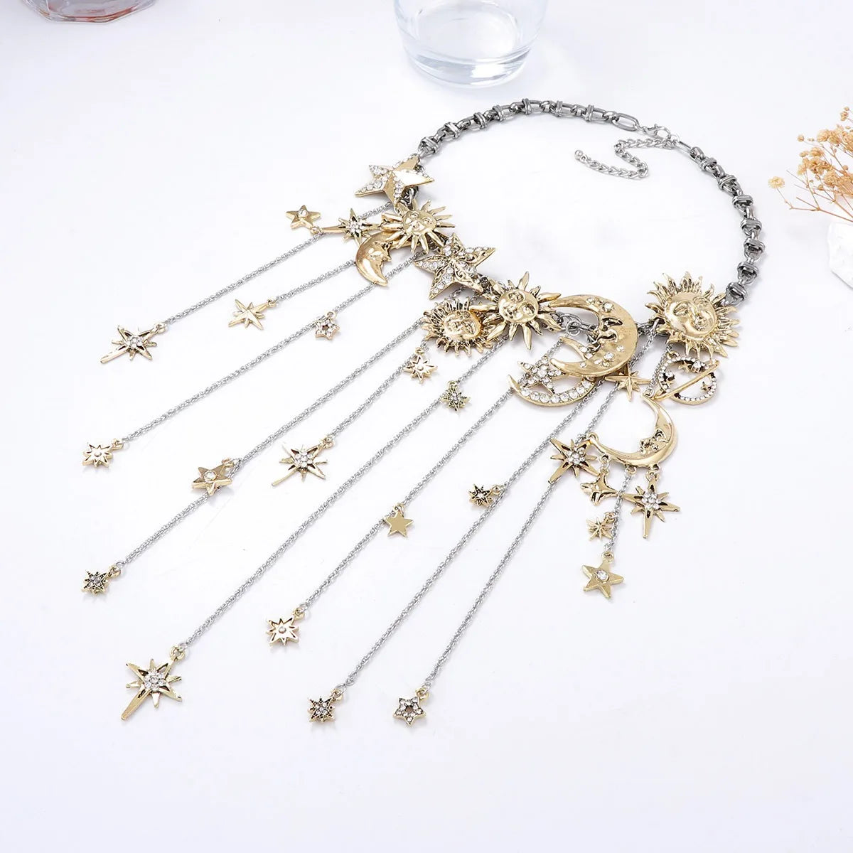 Celestial Star & Moon Layered Tassel Necklace | Statement Y2K Jewelry