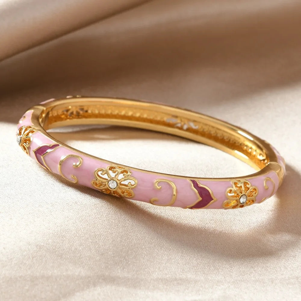 Ethnic Style Luxury Gold Color Stainless Steel Multicolor Enamel Flower Bangle for Women Charm Bride Cuff Bracelet Beho Jewelry