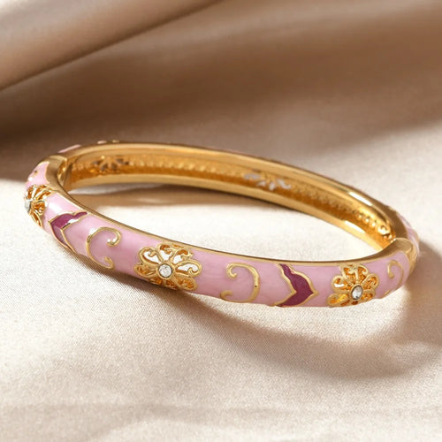 Ethnic Style Luxury Gold Color Stainless Steel Multicolor Enamel Flower Bangle for Women Charm Bride Cuff Bracelet Beho Jewelry