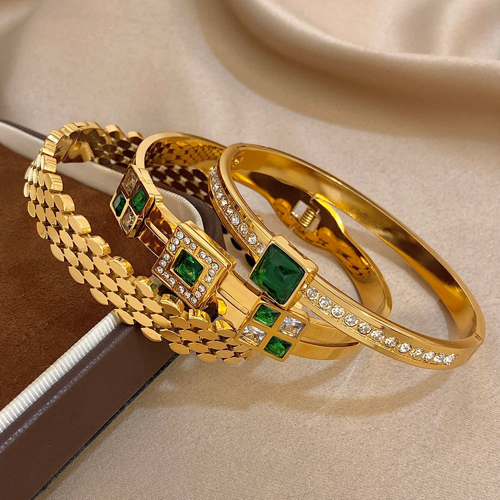 Greatera Light Luxury Style Green Square Zirconium Series Cuff Bracelet Unique Stainless Steel Artistic Exaggerate Women Bangle