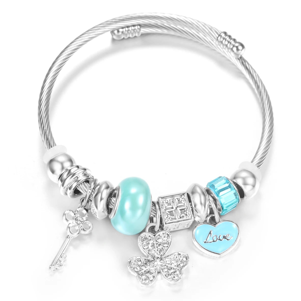 New Rhinestone Heart Shaped Pendant Stainless Steel Beaded Bracelet 4 Colors High Quality Closure Bangles Women Bracelet Jewelry