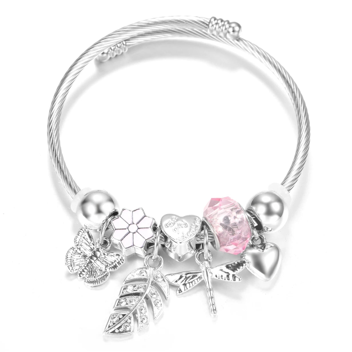 New Rhinestone Heart Shaped Pendant Stainless Steel Beaded Bracelet 4 Colors High Quality Closure Bangles Women Bracelet Jewelry