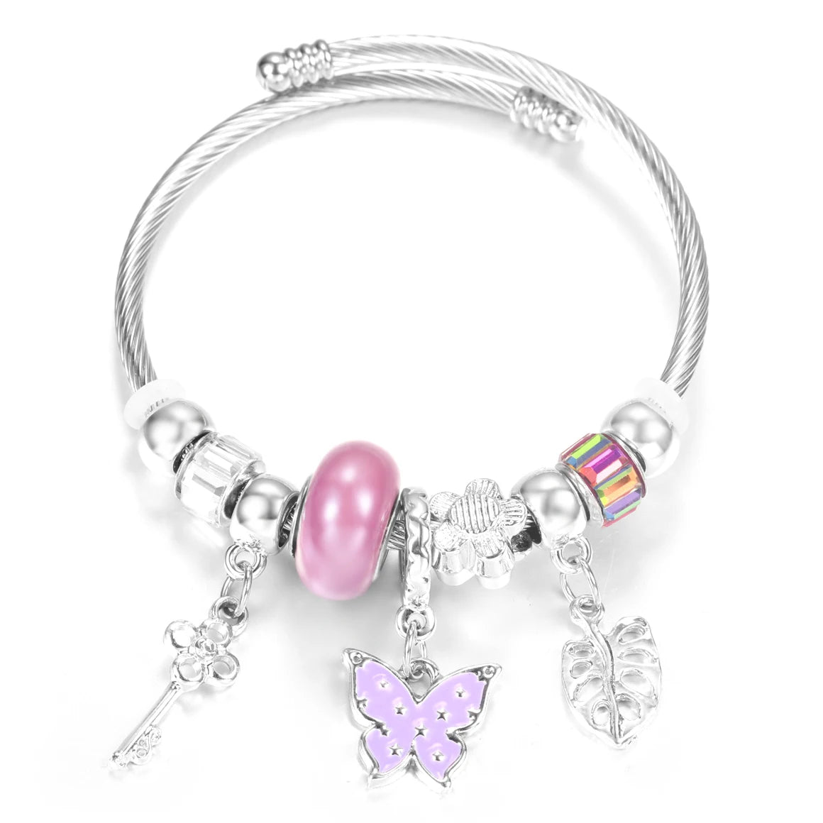 New Rhinestone Heart Shaped Pendant Stainless Steel Beaded Bracelet 4 Colors High Quality Closure Bangles Women Bracelet Jewelry