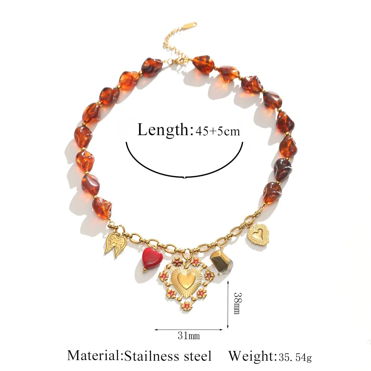 Vintage Heart Charm Necklace with Amber Beads | Gold Statement Jewelry