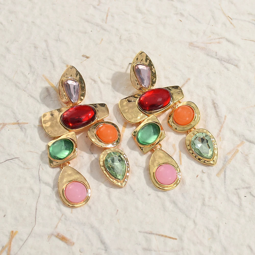 Exaggerated Vintage Rhinestone Crystal Beads Drop Earring For Women Ethnic Jewelry Fashion Geometry  Metal Earrings