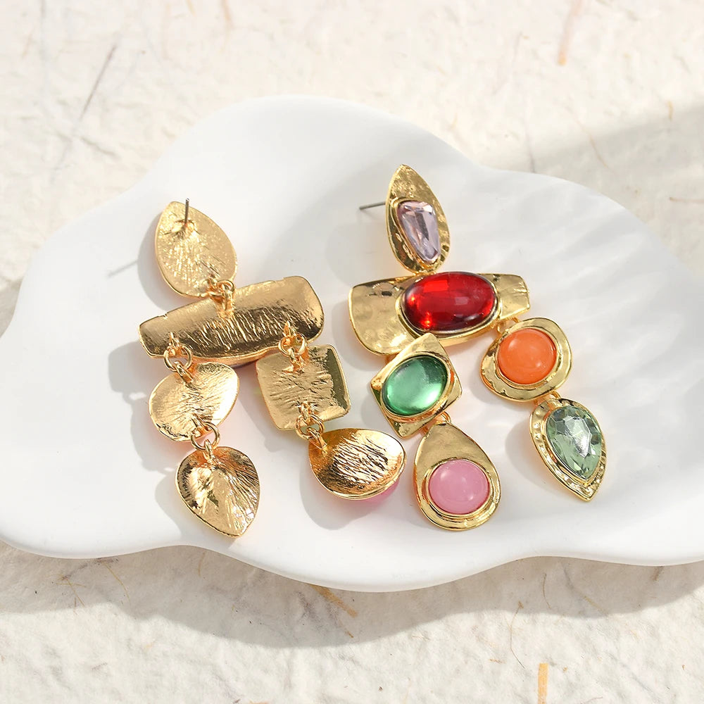 Exaggerated Vintage Rhinestone Crystal Beads Drop Earring For Women Ethnic Jewelry Fashion Geometry  Metal Earrings