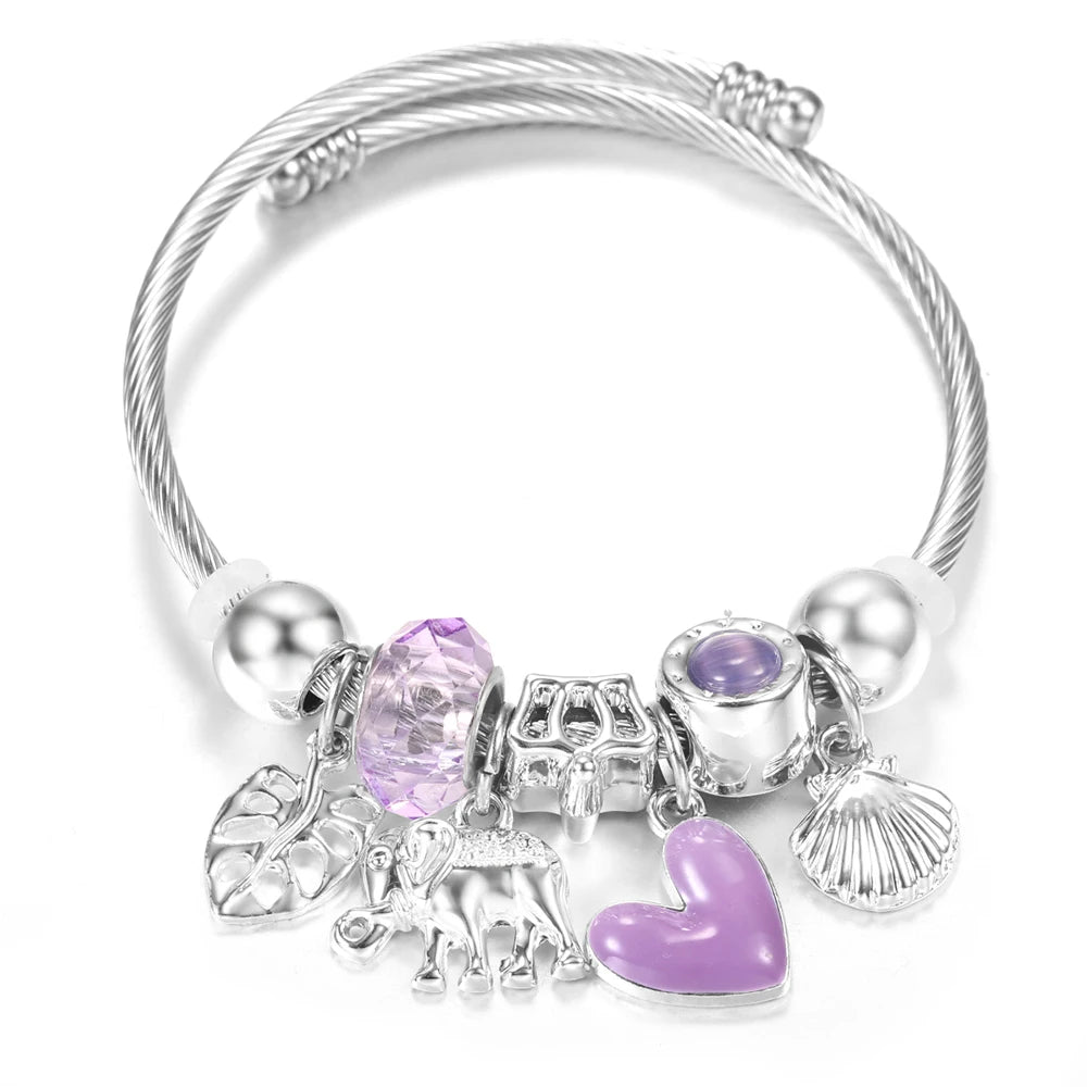 New Rhinestone Heart Shaped Pendant Stainless Steel Beaded Bracelet 4 Colors High Quality Closure Bangles Women Bracelet Jewelry