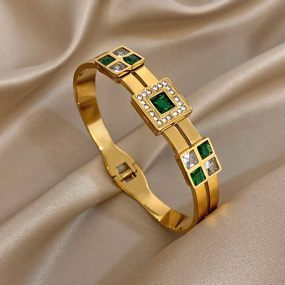Greatera Light Luxury Style Green Square Zirconium Series Cuff Bracelet Unique Stainless Steel Artistic Exaggerate Women Bangle