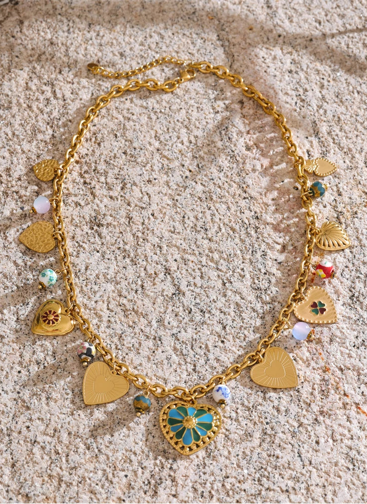 Colorful Heart Charm Necklace | Gold Statement Jewelry for Women